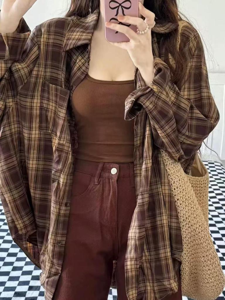 Retro Plaid Long Sleeve Shirt Jacket - Trendy Loose Casual Top for Women's Spring and Autumn Fashion