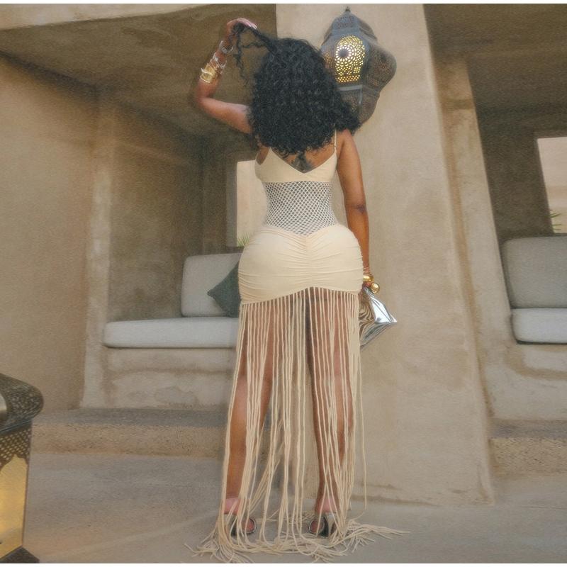 Hollow Out See-through Long Dress Women Holiday Tassels High Waist Sleeveless Strap Dresses Female Backless Evening Club  Robe