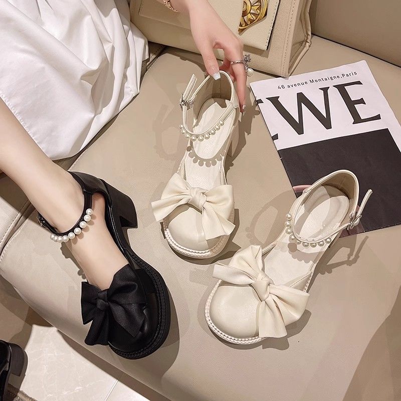 Bow Pearl With Medium Heels Ladies Mary Jane Shoes Korea The Best New Breathable Fashion 2025 Luxury Vip Women's Closed Sandals