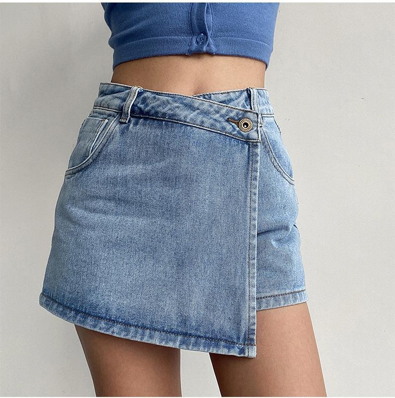 Women Denim Skirt High Waist Asymmetrical Hem Side Button Mini Skirt S синий
