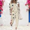 Women Plus Size Round Neck Long Sleeve Star Printed Beige Two Piece Set Cuffed Top And Cuffed Pants With Pockets