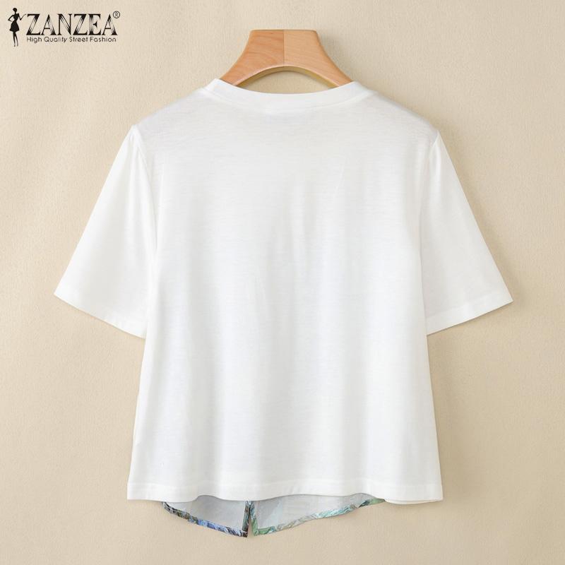 ZANZEA Women Casual Round Neck Loose Short Sleeve Patchwork T-Shirts