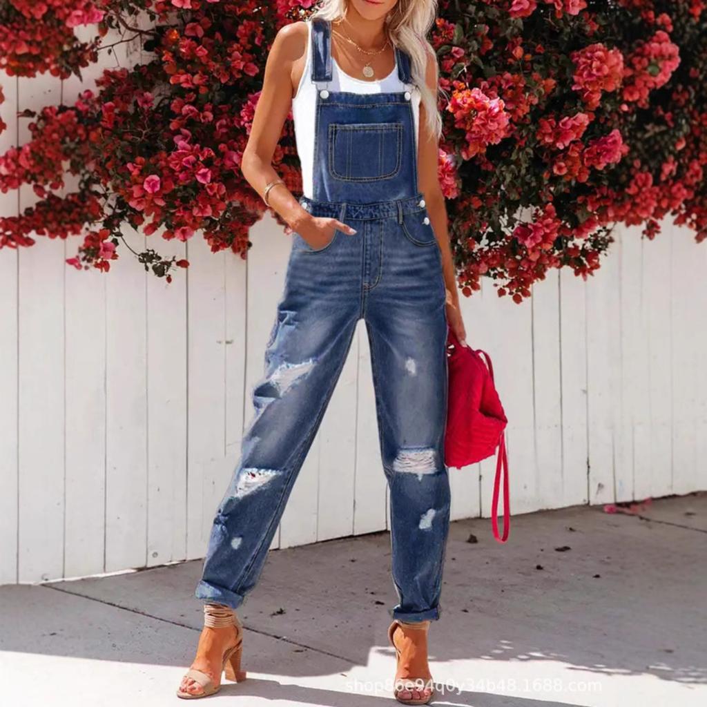 Women's Ripped Denim Overalls