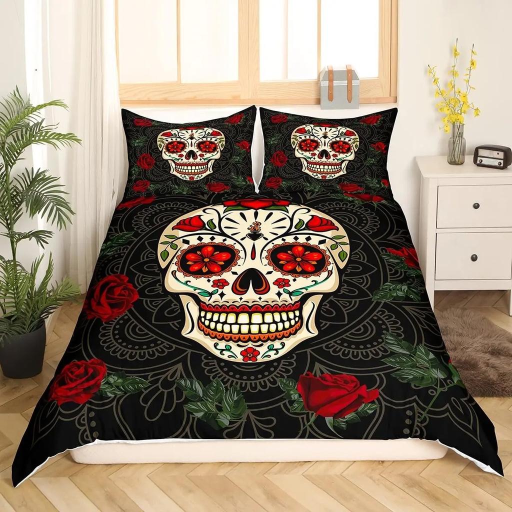 Sugar Skull Duvet Cover Colorful Vintage Floral Bedding Set Hippie Mexico Style Comforter Cover Gothic Skeleton Quilt Cover