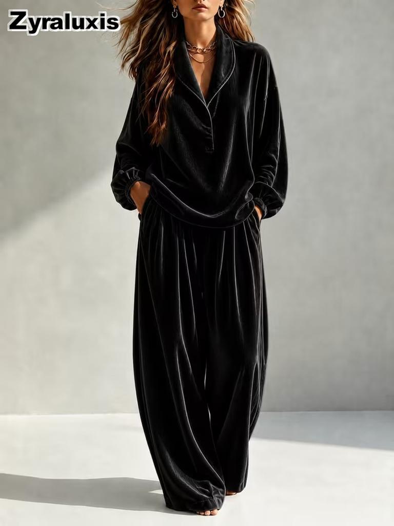 Autumn Winter New Elegant Comfortable Velvet Stand Collar Top with Casual Pants Set for Women