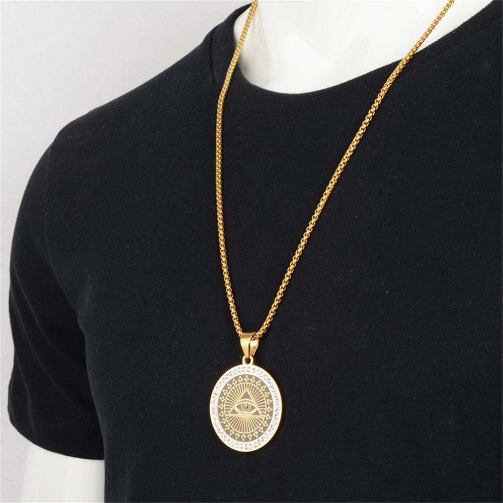 Hip Hop Iced Out All See Eye Pendant Male Gold Silver Color Stainless Steel Round Necklace For Men Masonic Jewelry Birthday Gift