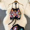 Wakacje na plaży Retro zestaw z dzianiny kobiety Halter Mini kamizelka na ramiączkach + krótka spódnica z frędzlami moda lato seksowny garnitur dwuczęściowy