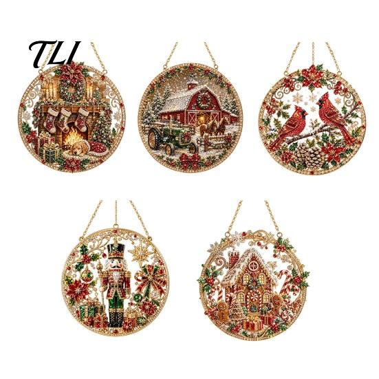 Seasonal Festival Gift Ideas Christmas Rhinestone Painting Suncatcher Kit, Round DIY Hanging Decor Festive Decorations for Holidays Tree Home,
