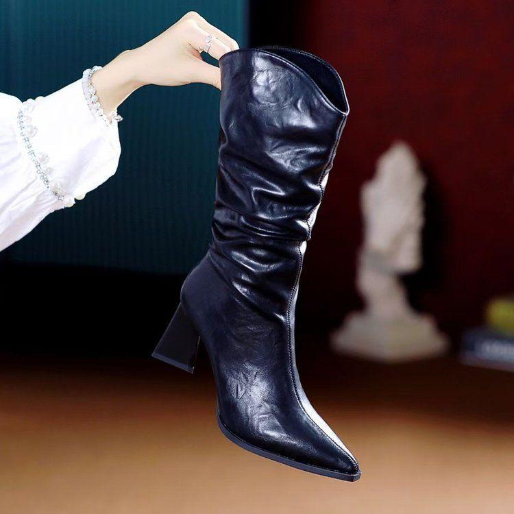 

Корейская версия модных ботинок женские высокие каблуки 2025 зима новые ботинки на платформе универсальные тонкие ботинки острый носок толстый каблук бархатные короткие ботинки 40