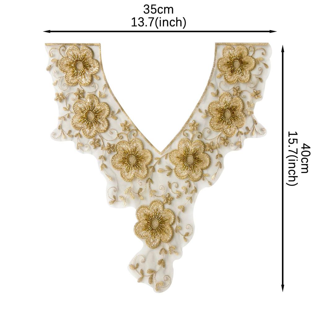 Gold V-Neck Handmade Beads Three-Dimensional Embroidery Flower Cloth Sticker Clothing Cheongsam Dress Decorative Accessories Cloth Sticker Accessories