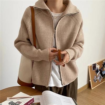 Herbst Winter Retro Reißverschluss Strickjacke für Damen Lockere Lässige Feste Mode Strickjacken Damen Umlegekragen Strickwaren Damen Pullover Tops 31046