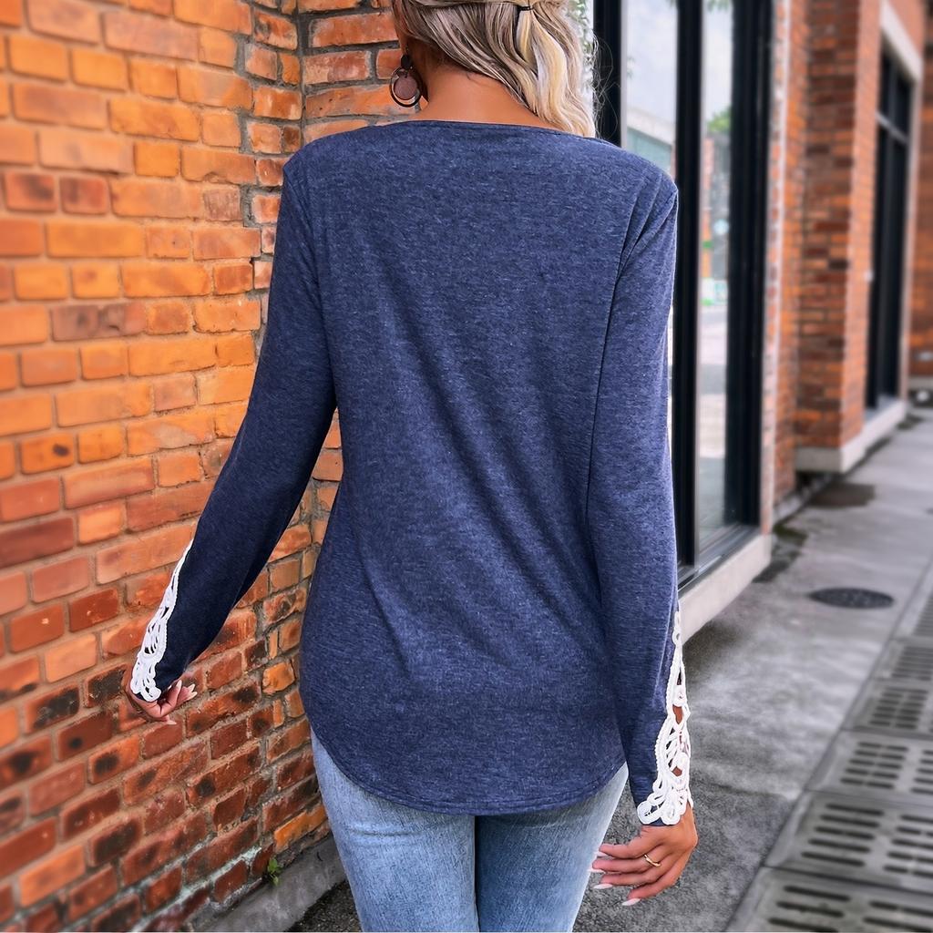 Damen Lässiger Lockere Passform Farbe Langarm Pullover Oberteil mit Rundhalsausschnitt Knopf