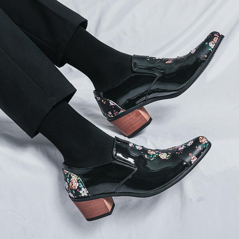 Men's White Flower Printed Dance Shoes Leather High Heels Wedding Dress Shoes Tuxedo Prom Blazers Red Dress Shoes Plus Size