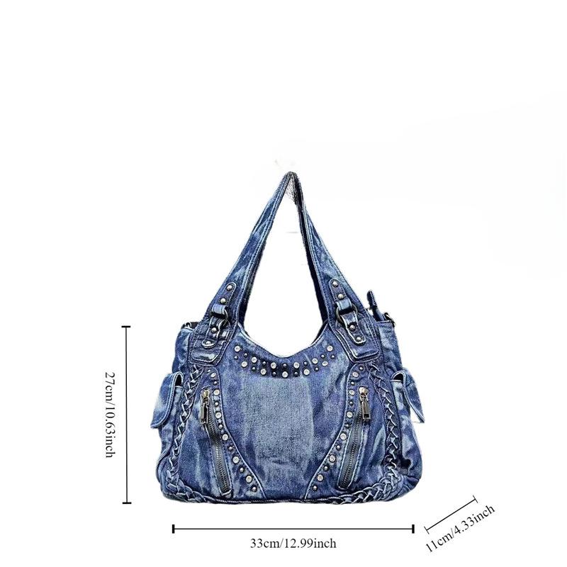 Women'S Diamond-Encrusted Washed Denim Shoulder Bag Large-Capacity Multi-Zipper Japanese And Korean Trendy Handbag