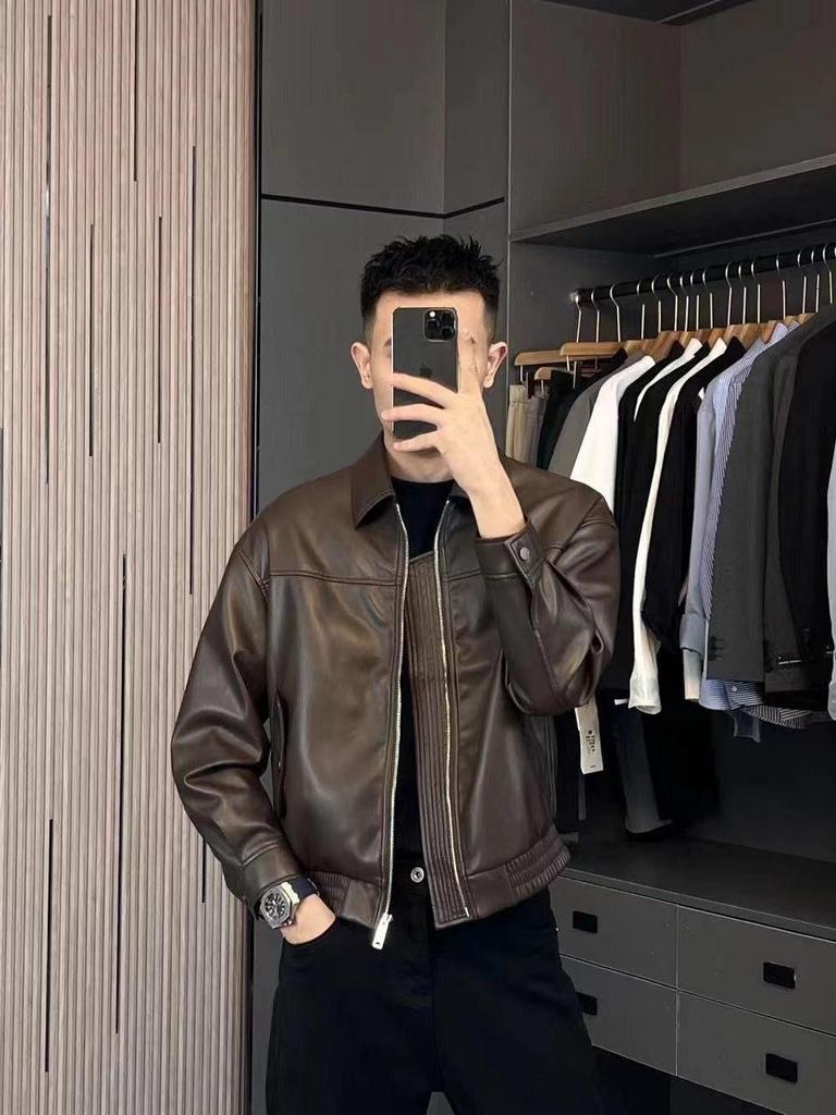 Sleek Men's Autumn/Winter Leather Motorcycle Jacket - Stylish Lapel Design, Cool & Handsome Outerwear, High-Quality Soft Leather