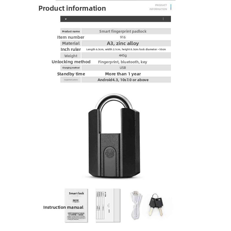 Waterproof Smart Fingerprint Padlock Mobile Phone Bluetooth All-through Lock Electronic Lock Luggage Cabinet Lock Drawer Fingerprint Lock Large