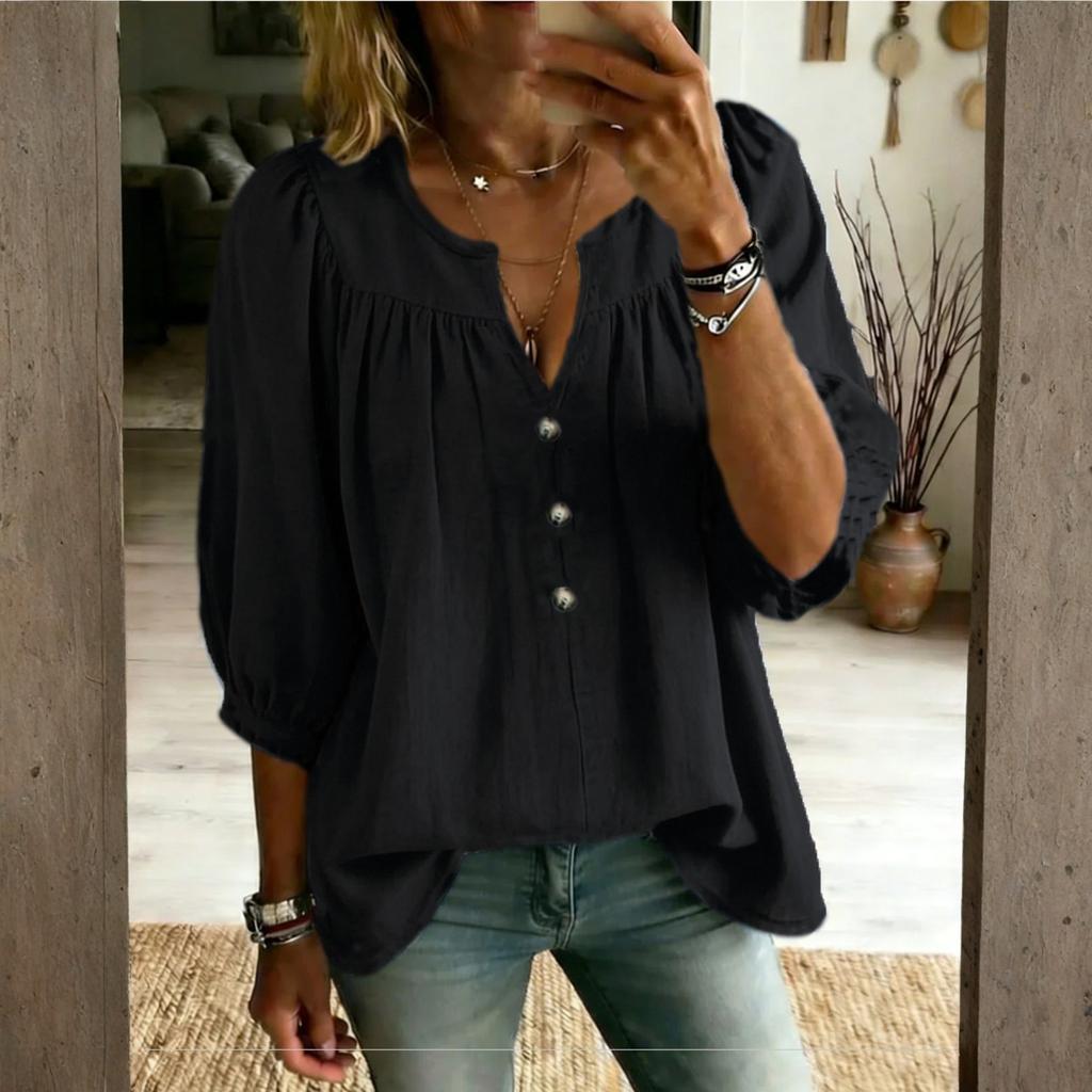Women's Cotton And Linen Three-quarter Sleeve Button Casual Loose T-shirt
