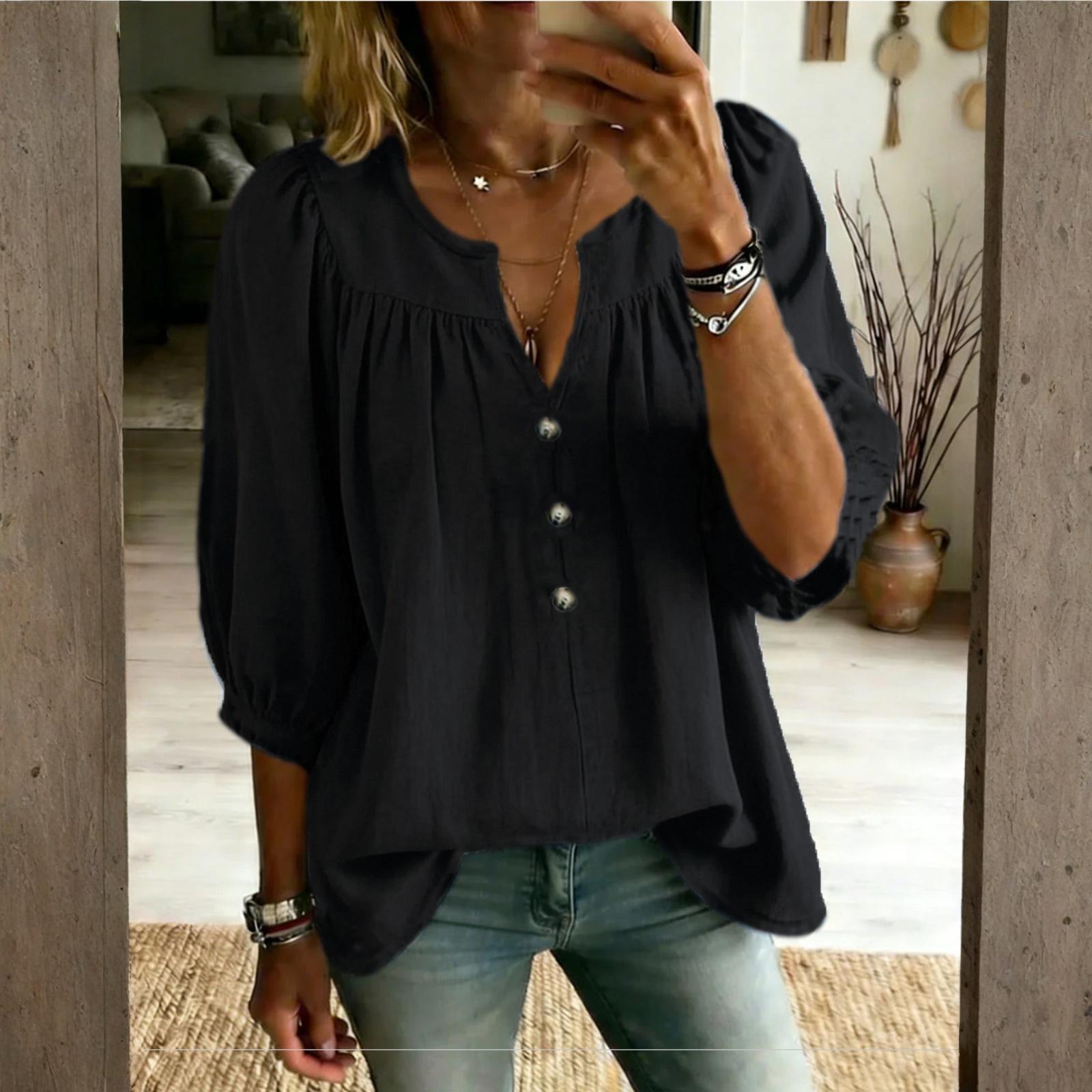 Women s Cotton And Linen Three-quarter Sleeve Button Casual Loose T-shirt L чёрный