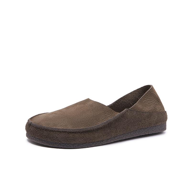 Spring and Summer Genuine Leather Single-shoe Women's Soft-soled Retro Round-toe Thick Cowhide One-foot Driving Lazy Shoes