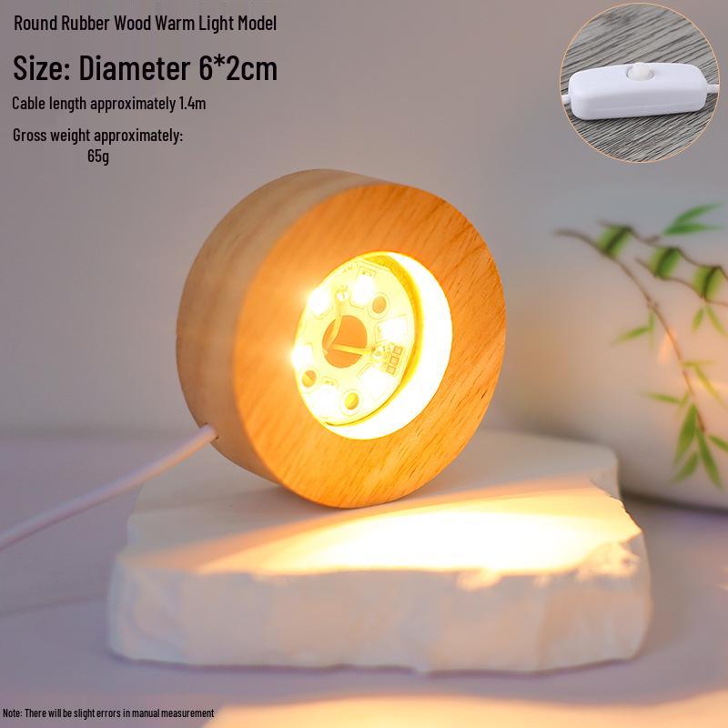 Round LED Night Light with Luminous Crystal Ball and Wooden Base for Bedroom