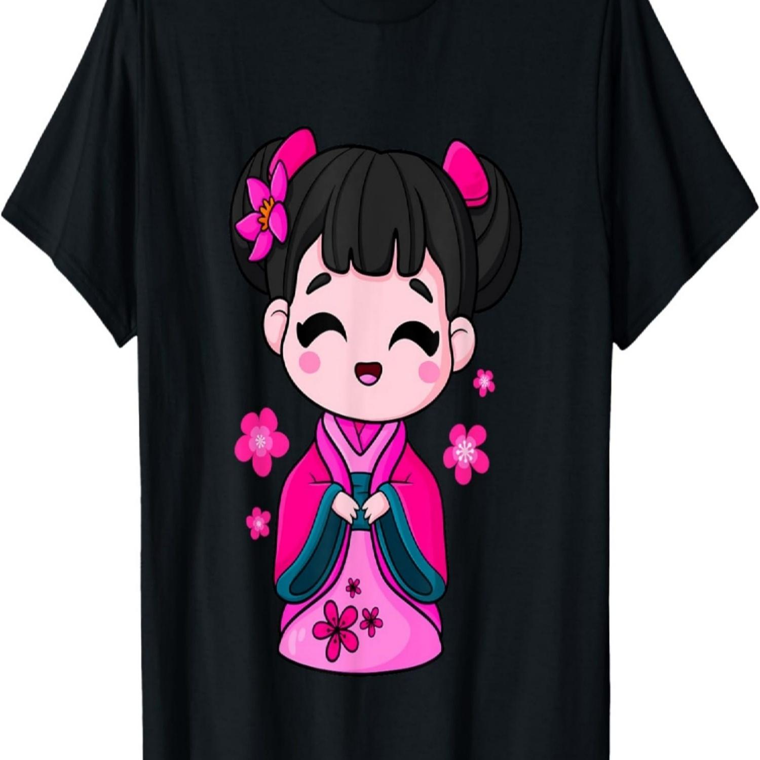Kawaii Kokeshi Doll with  Cherry Blossom Flowers T-Shirt S