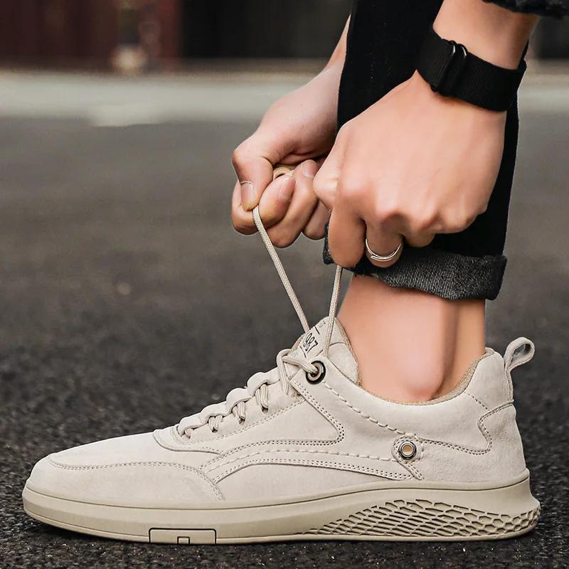 Fashion Brown Men Casual Shoes Handmade Man Shoes Suede Korean Style Skateboard Shoe High Quality Mens Sneakers Shallow Lace Up Shoes