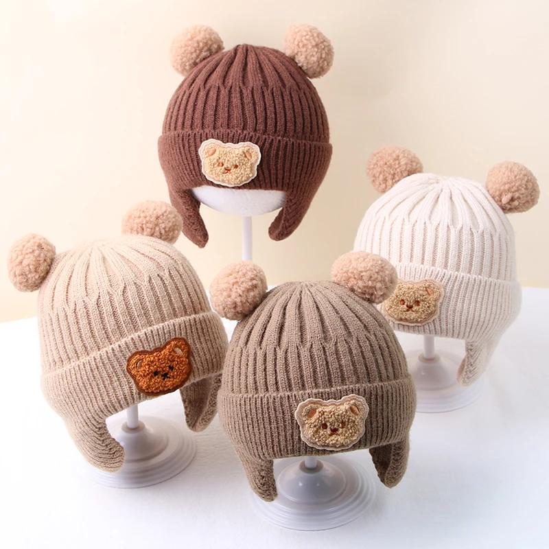 Winter Baby Beanie Cap Cartoon Bär Gehörschutz Strickmütze für Kleinkind Jungen Mädchen Niedlich Koreanische Warme Kinder Häkeln Hüte Gorros
