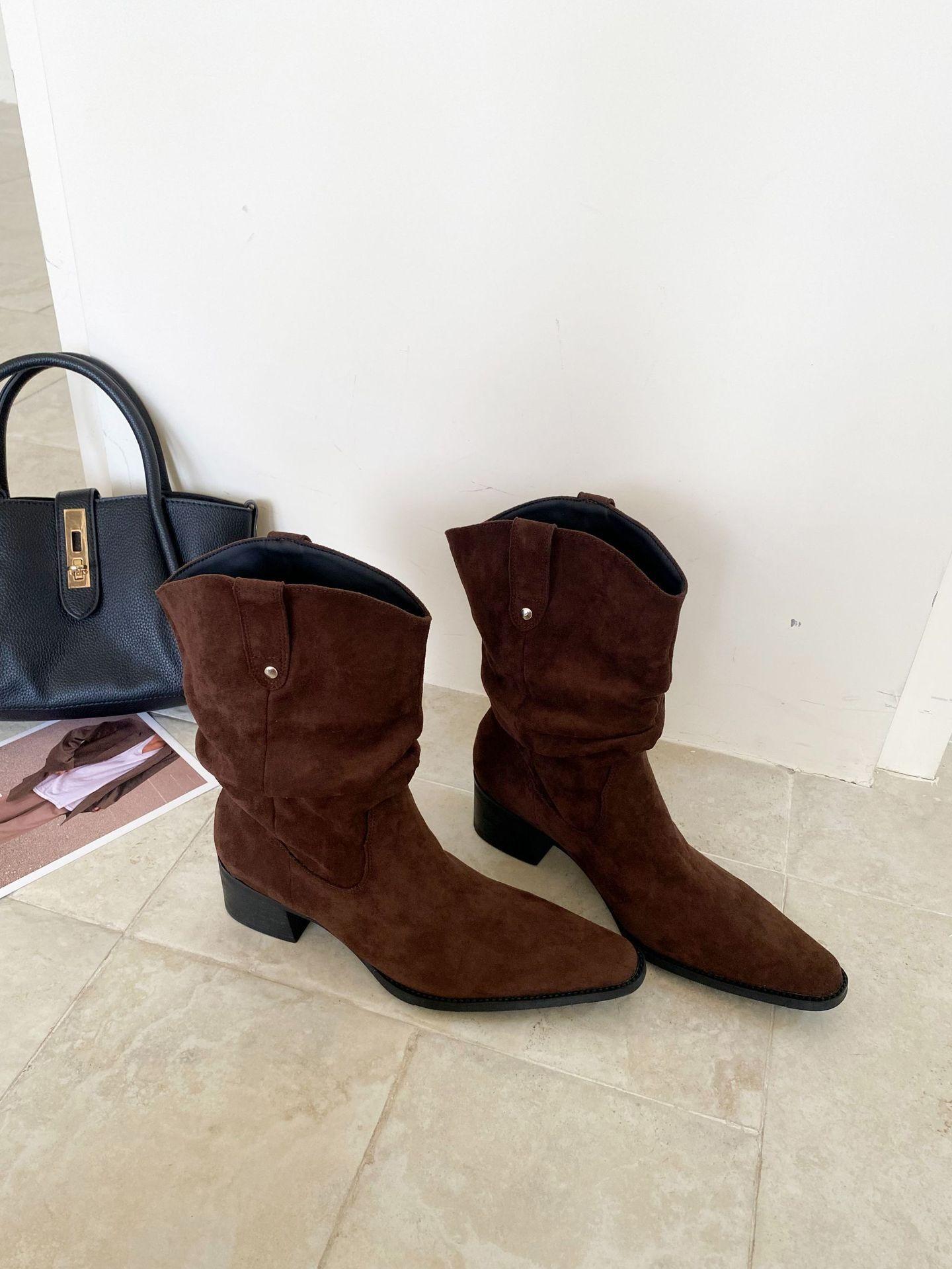 

Retro fashion cowboy boots women s 2025 spring and autumn new pointed thick heel pleated pile short Martin boots knight boots 39 коричневий