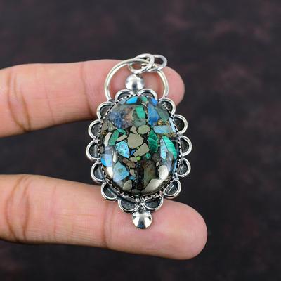 תליון נחושת Azurite מלאכיט תליון בעבודת יד תליון אבן חן מקורית תליון כסף סטרלינג 925 תכשיטי מעצבים מתנה מיוחדת לנשים