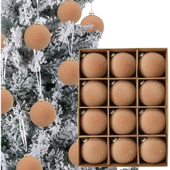12pcs Christmas Tree Hanging Ball Decoration 2.4Inch Velvet Christmas Ornaments Balls Flocked Shatterproof Plastic Xmas Tree Ball for Party Holiday