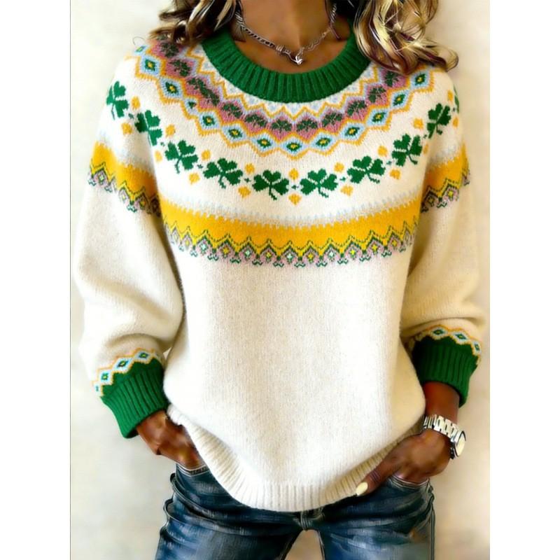 2026 Womens Oversized Knit-Style Crewneck Sweatshirt With 3D Clover Print Thick Warm Streetwear Top