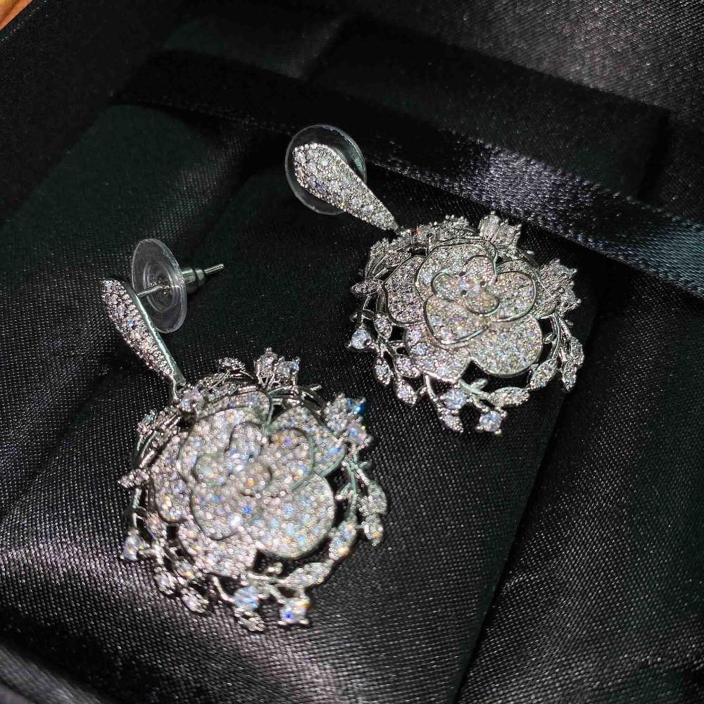 Elegant Women Jewelry Set Rose Necklace Camellia Earrings Floral Ring Openwork Accessories
