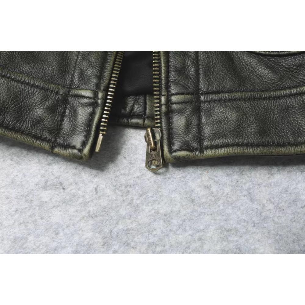 Chinese Size Vintage Olive Green Genuine Cowhide Men Leather Jacket Autumn Turn Down Collar Real Leather Coat