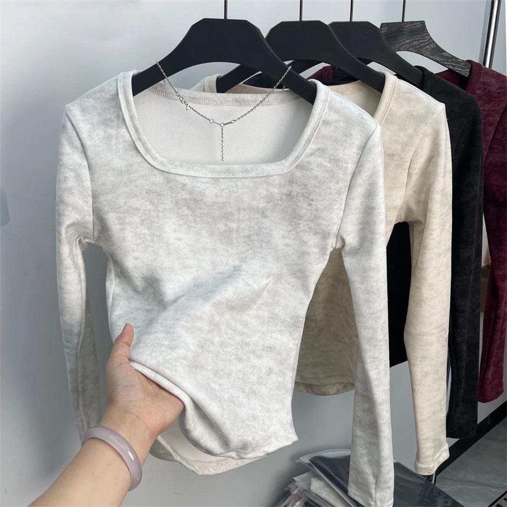 Women's French Square Neck Tie-Dye Thermal Slim-Fit Long Sleeve Top - Autumn/Winter New Arrival