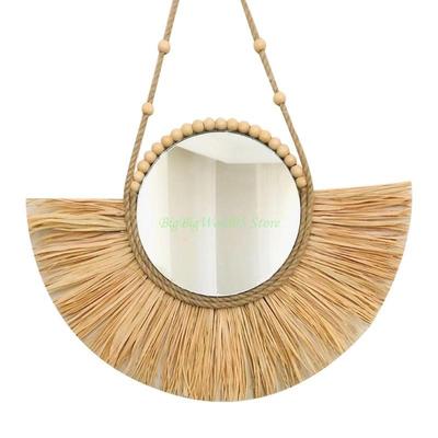24TE Espejo de Pared Colgante de Paja Tejida Marroquí Macramé Boho Trenzado Cuentas de Madera Espejo de Maquillaje Tapiz Decoración para el Hogar Dormitorio