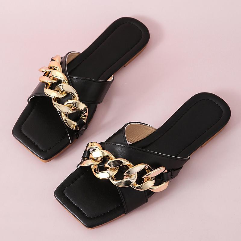 Women Slippers Metal Button Letter Decoration Zapatillas Mujer Summer Flat Ladies Sandals Beach Shoes Casual Flip Flop Slipper