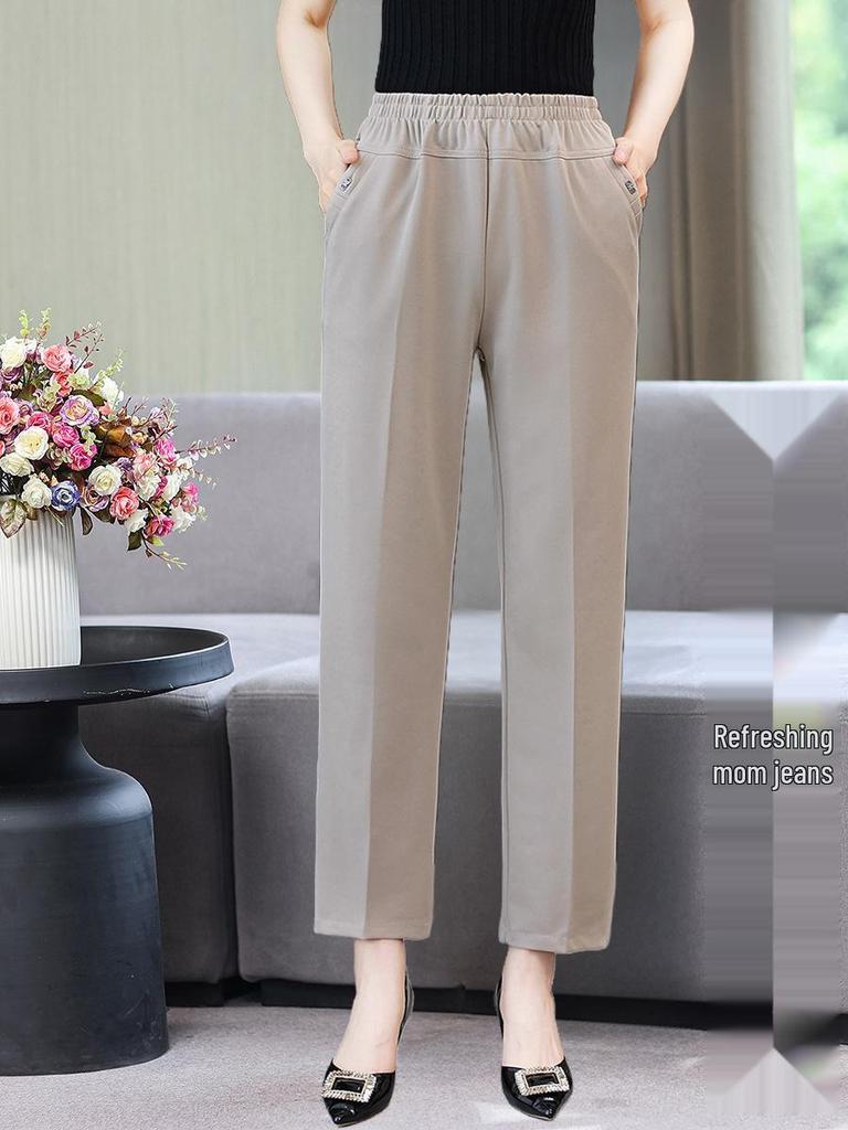Ice Silk Elastic Waist Casual Pants for Middle-Aged & Elderly Women - Plus Size, Loose Straight-Leg Trousers