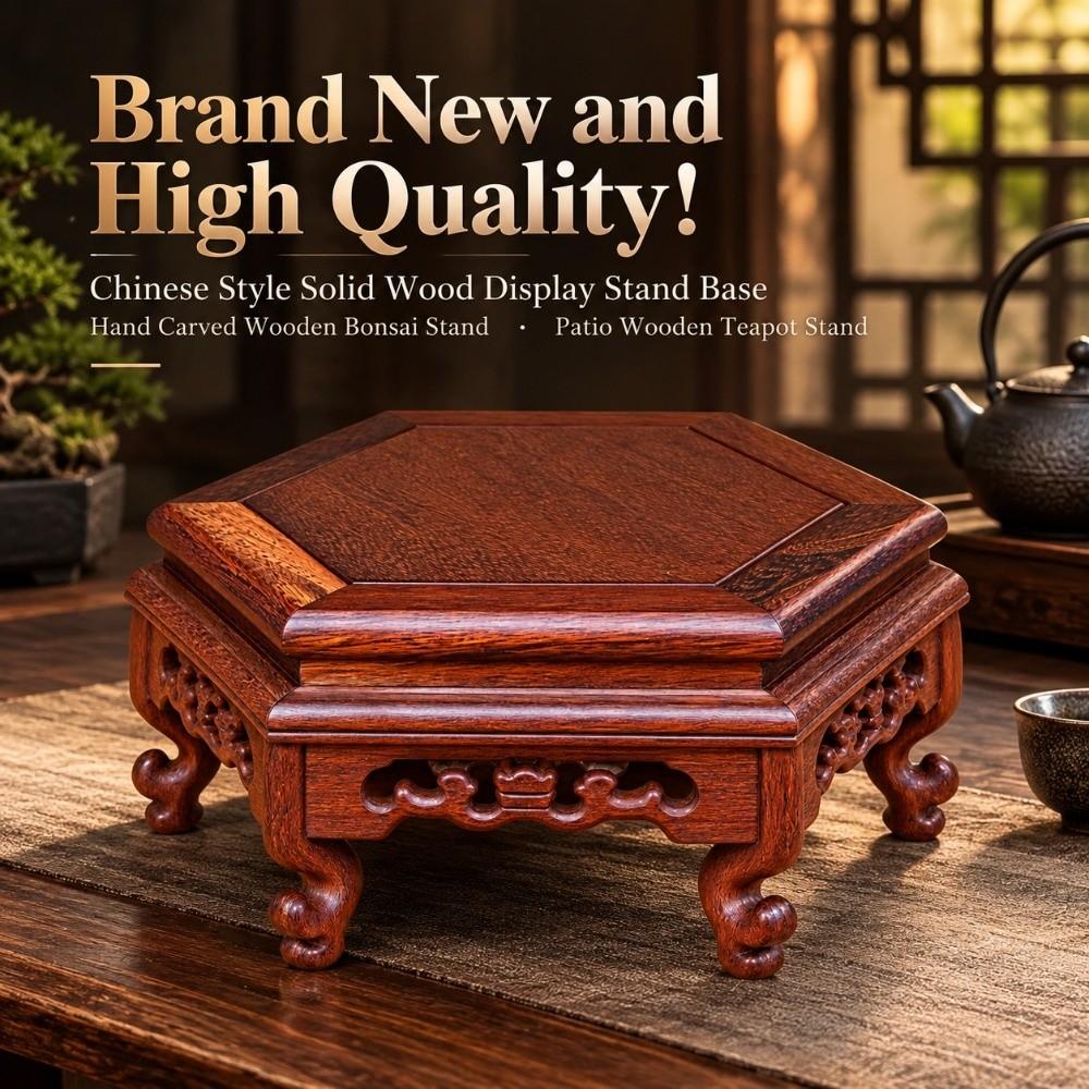 Hand Carved Hexagon Wood Base Teapot Stand Wooden Display Stand Display Base Rack Living Room