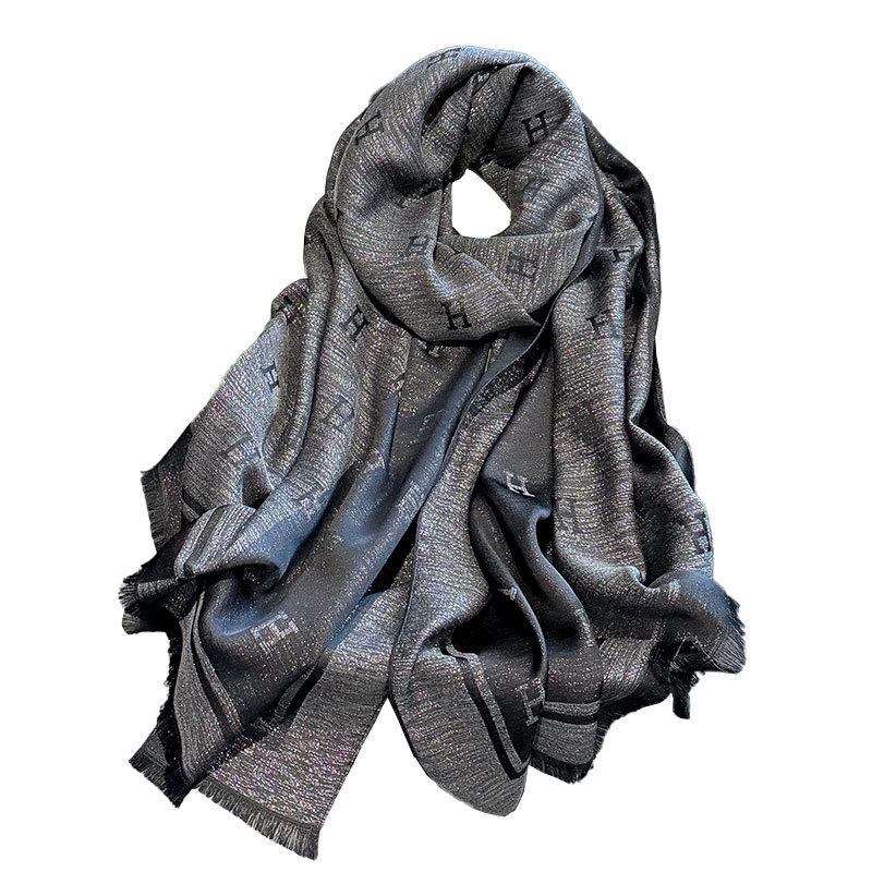 1116 new H letter imitation silk scarf simple fashion versatile shawl tencel cotton silk scarf scarf