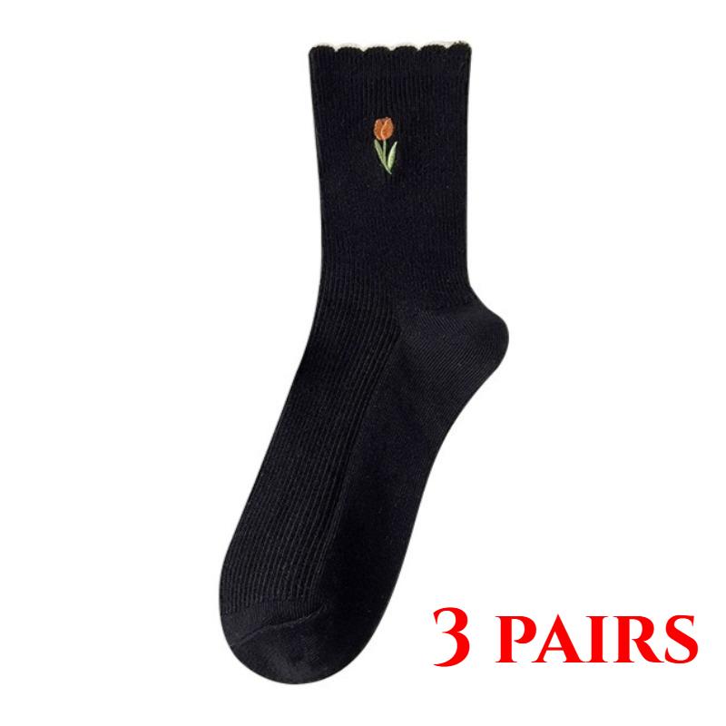 3 par Dame Høst Sokker Blomsterbroderi Japansk Kawaii Søte Sokker Koreansk Stil Ensfarvet Harajuku Vintage Crew Socks