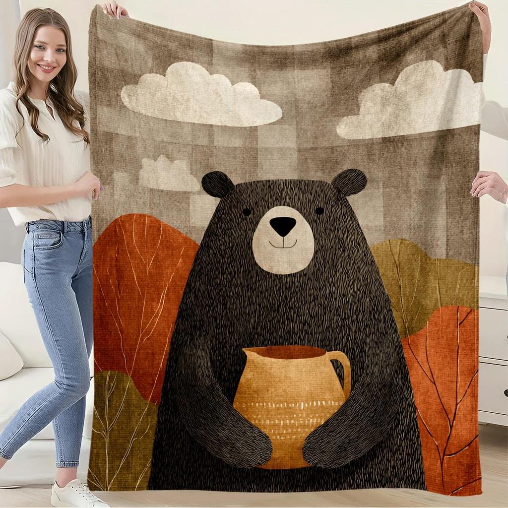 1pc Bohemian Autumn Bear & Warm Pot Flannel Blanket Heavyweight All-Season Cozy Throw, Soft Plush Texture with Bear