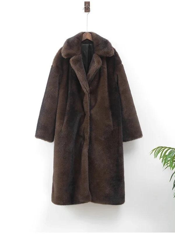 Dark Brown Faux Fur Long Coat - 2024 Winter Collection: Plush, Warm, and Thickened.