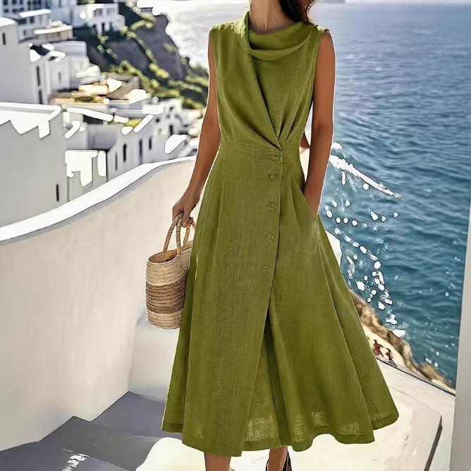 Elegantes ärmelloses Kleid aus französischer Leinen-Baumwolle für Damen - Strandurlaub 2026