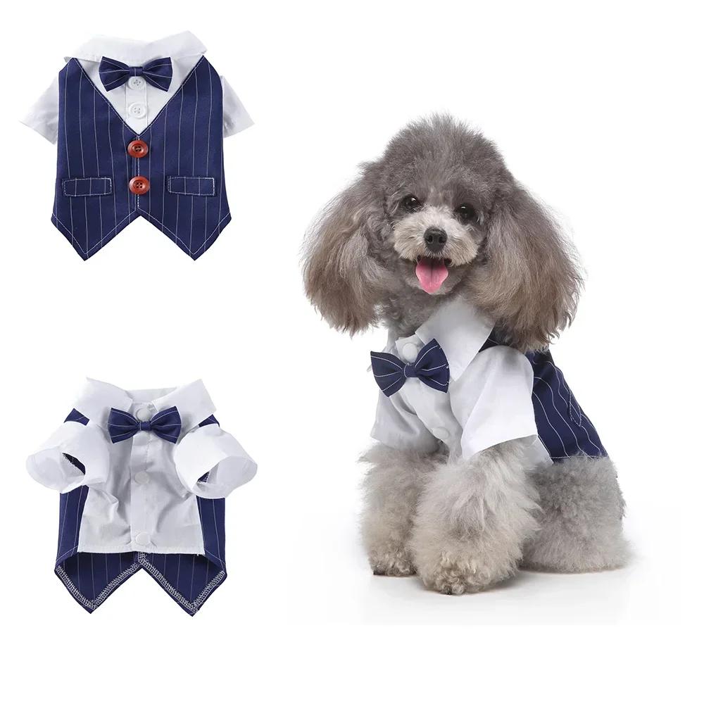 Cute Striped Dog Tuxedo Tailcoat Wedding Outfit Gentleman Pet Suit with Bow Tie for French Bulldog Halloween Costume