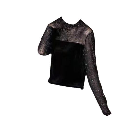 Women Shirt Shiny Stripe See-through Lace Patchwork Long Sleeve Stand Collar Solid Color Soft Pullover Commute Lady Blouse Top