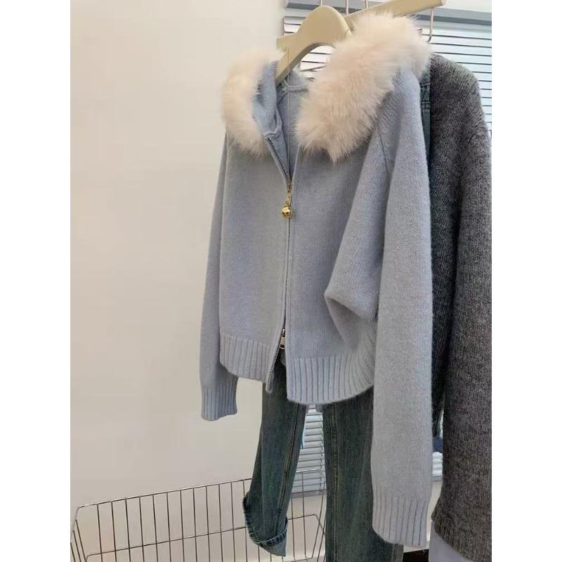 

Double zipper hooded blue knitted cardigan sweater jacket women s thickened unique super good-looking new model L