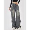 Oversized Wide Leg Cargo Denim Pants Women Relaxed Fit Multi-Pocket Vintage Streetwear Style