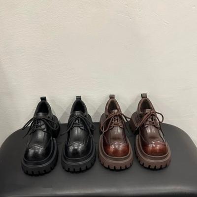 2025 Autumn New Muffin Heel Lace-up Thick Heel Loafers Casual British Style Retro Round Head Leather Shoes Women