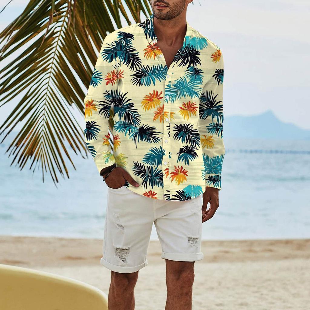 Mote Langermet Trykket Casual T-skjorte med Knapper Regular Fit Skjorte Topp for Menn