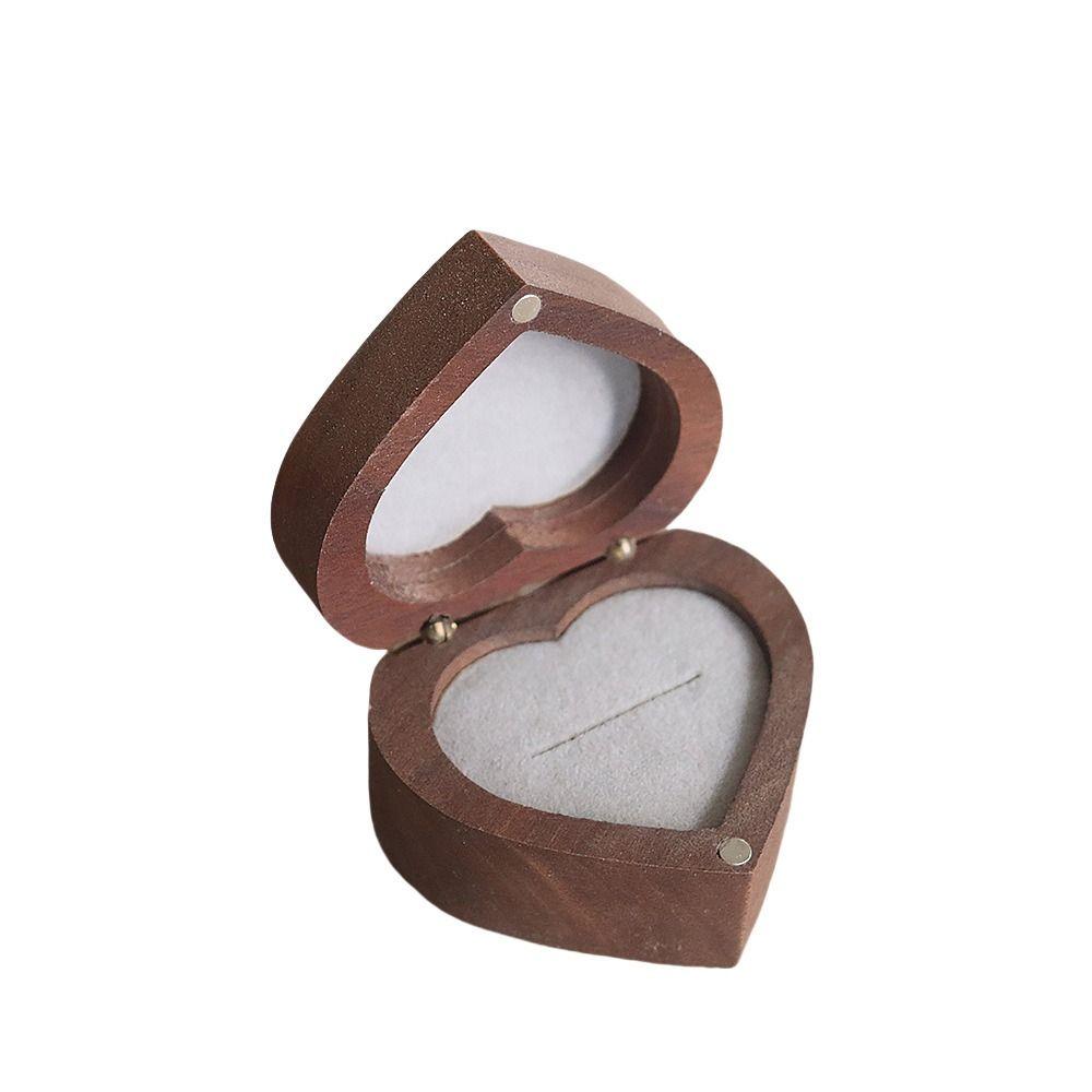 Wedding Heart Rings Holder Anti-collision Rings Bearer Box Simple Walnut Wood Rings Box  Propose